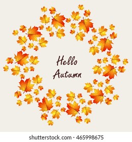 Hello autumn! Hand drawn different colored autumn leaves. Mandala of yellow leaves. Sketch, design elements. Vector illustration