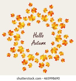 Hello autumn! Hand drawn different colored autumn leaves. Sketch, design elements. Vector illustration. Mandala of yellow leaves