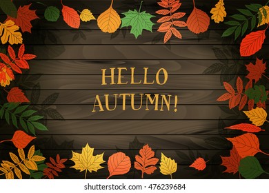 Hello autumn. Hand drawn different colored autumn leaves. Background for your design. On wooden background.