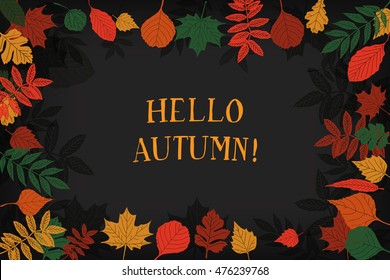 Hello autumn. Hand drawn different colored autumn leaves. Background for your design.