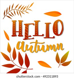 Hello autumn Hand drawn different colored autumn leaves. Sketch, design elements. Vector illustration.