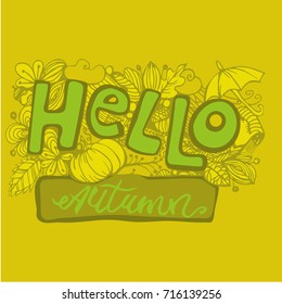 Hello autumn! Hand drawn different green autumn leaves. Sketch, design elements. Vector illustration.