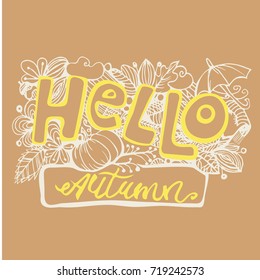 Hello autumn! Hand drawn different colored autumn leaves. Sketch, design elements. 