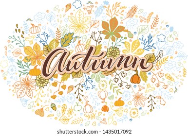 Hello, Autumn, hand drawn doodle seamless background in forest theme.  Wallpaper for your design