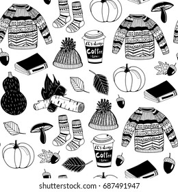 Hello autumn. Hand drawn doodle graphic vector seamless pattern