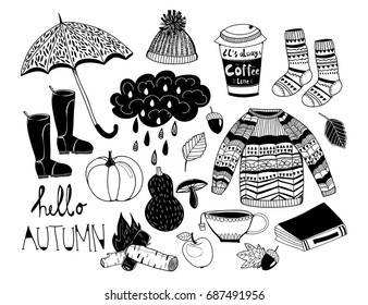 Hello autumn. Hand drawn doodle graphic vector set. All elements are isolated