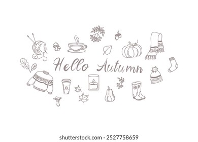 Hola diseños de otoño dibujados a mano de otoño. Bufanda, vela, cuerno, café caliente, té, calcetines, suéter, bufanda con sombrero, bola de hilos de lana, hojas, bellotas y champiñones. colección de otoño acogedora.