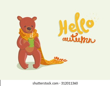hello autumn. hand drawn illustration with Teddy