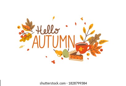 Hello autumn hand drawn lettering vector. Fall season. Autumn phrase with cute and cozy design elements. The illustration is isolated on a white background.
