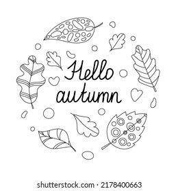 Hello autumn hand drawn lettering, decorated by leaf wreath. Beautiful graphic design for cards, postcards, invitations, banners, posters