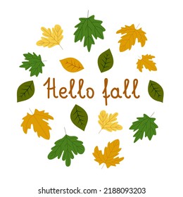 Hello autumn hand drawn lettering, decorated by leaf wreath. Beautiful graphic design for cards, postcards, invitations, banners, posters
