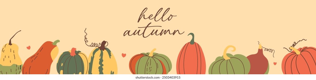 Hello autumn. Hand drawn lettering welcome autumn banner. Fall season handwritten slogan. Autumn phrase with with cute pumpkins.