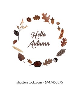 Hello autumn. Hand drawn nature wreath, elements isolated on white background. Vector.