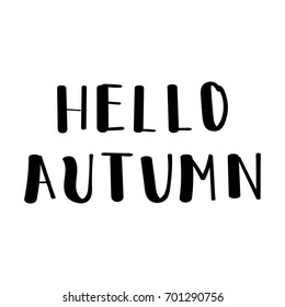 Hello Autumn hand drawn paint brush text calligraphy for greeting card on white background. Vector trendy creative wish font for poster design. Handwritten brush. Monochrome vector illustration.