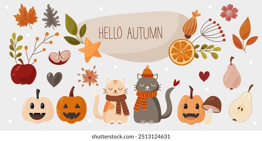 Hello Autumn hand drawn set individual elements. Fall leaves, mushrooms, cats with scarf, leaves, branches, pumpkins. Harvest time. Colored trendy vector illustration. Autumn floral stickers.