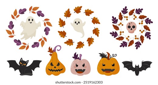 Hello Autumn hand drawn set individual elements. Fall leaves, pumpkin, cat, bat, wreath, spook, skull. Harvest time. Colored trendy vector illustration. Autumn floral stickers.