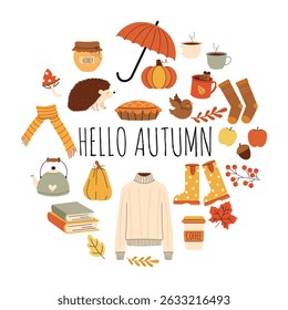 Hello Autumn in hand drawn style. Cute autumntime doodle banner design in round frame. Autumn elements in flat style.