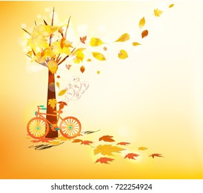 Hello autumn. Hand drawn tintage bicycle with autumn leaves
