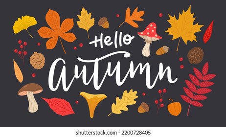 Hallo Herbsthandgezeichnet Vektorkalligrafie mit Blätterset. Verschiedene Blätter, Pilze, Beeren und Eicheln schneiden. Herbstsaisonelemente, Vektorgrafik