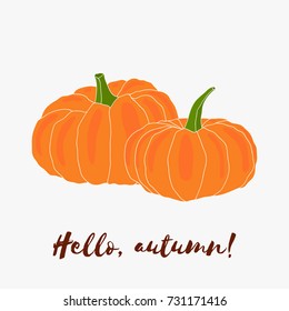 Hello autumn! Hand drawn vector logo with lettering. Autumn halloween decoration, vegetable harvest season, thanksgiving line art. Freehand fall illustration for vegan cafe, restaurant, market, shop.