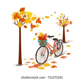 Hello autumn. Hand drawn vintage bicycle with autumn leaves in rear basket