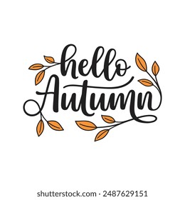 Hello Autumn hand lettering composition with yellow leaves