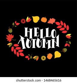Hello autumn hand lettering with fall leaves. Nature autumnal vector concept. Orange and yellow leaf seasonal illustration. EPS10