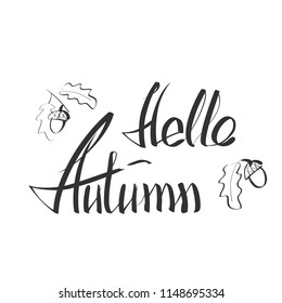 Hello autumn hand lettering phrase on orange vector maple leaf background. Hand written slogan hello autumn bright watercolor texture isolated on white background for your poster, flyer or card design