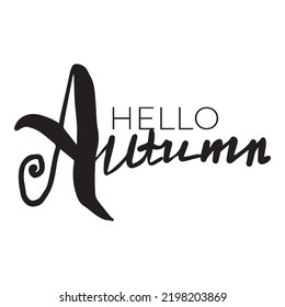 Hello autumn hand lettering phrase on orange watercolor maple leaf background
