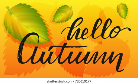 Hello autumn hand lettering phrase on leaf background