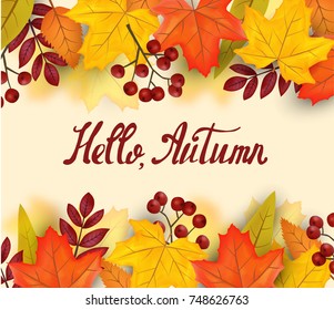 Hello autumn hand lettering. Vector illustration on the background of autumn leaves