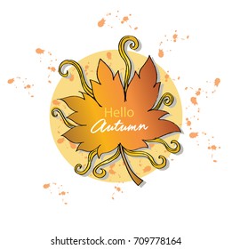 Hello autumn hand written with maple leaf.