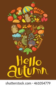 Hello autumn hand-drawn lettering composition. Fall season background with calligraphic quote. Vector illustration of acorn silhouette with owl, rainy cloud, rowan, hedgehog, leaves