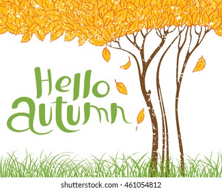 Hello autumn hand-drawn lettering composition. Fall season vector illustration with grunge tree with faling leaves and green grass. Design element for poster, card and placard 