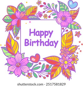 Hello Autumn Happy Birthday decoration colorful fall leaves floral frame, border seasonal flowers Holiday wreath decoration, birthday party greeting card invitation Thank You card easy design banner
