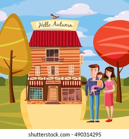 Hello autumn, happy family, father, mother, daughter, park, landscape, style, cartoon, trees, clouds, greeting card, vector illustration
