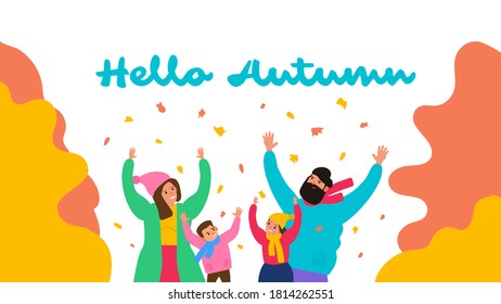 hello autumn happy family play with falling leaves vector illustration