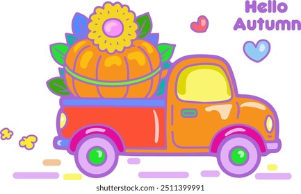 Hello Autumn Happy Halloween car Holiday greeting card decoration with truck, balloons, pumpkin, fall leaves, flowers, confetti isolated kids party, birthday Thanksgiving elements vector truck pickup