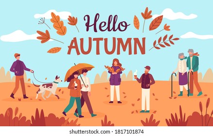 Hello autumn. Happy people walk in public park, red yellow trees and falling leaves, healthy lifestyle in fall season vector background. Couple going with umbrella, old man and woman with sticks