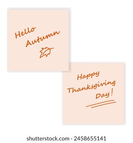 Hello Autumn Happy Thanksgiving Day Handwriting lettering Note stickers Set of 2 Greeting concept