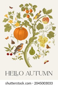 Hello Autumn. Harvest. Autumn botanical illustration. Autumn tree 