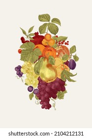 Hello Autumn. Harvest. Autumn vintage botanical illustration. Fruit composition 