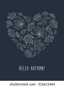 Hello autumn! Heart composed of white autumn line art leaves on dark background. Vector illustration.
