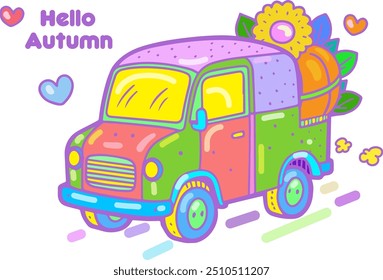 Hello Autumn Holiday car greeting card decoration with balloons, pumpkin, cute monsters, Autumn leaves, flowers, confetti isolated kids party, birthday elements vector pickup, truck, dumper,