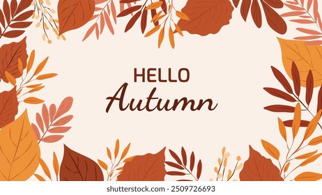 Olá, Autumn. Plano de fundo horizontal de outono com folhas de diferentes formas e espaço de cópia	
