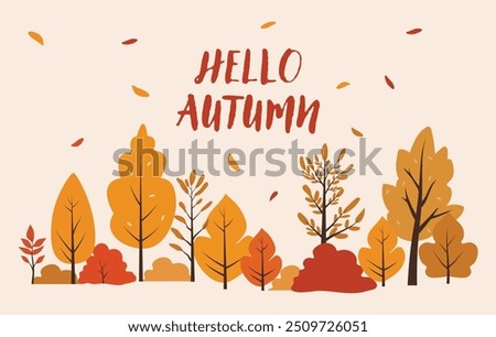 Hello Autumn. Autumn horizontal background with leaves and autumn trees of different shapes. Abstract trees and copy space	
