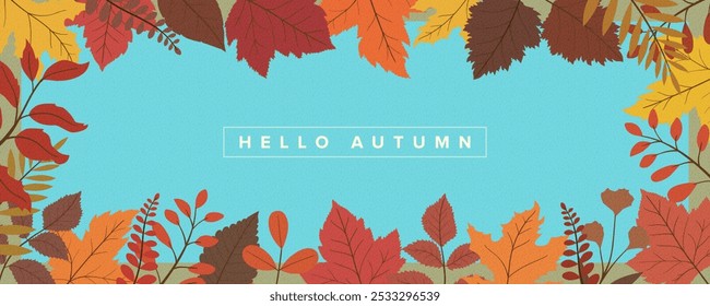 Hola otoño fondo Horizontal. Diseño de arte moderno de otoño, Plantillas para carteles, Anuncios, volantes, presentaciones, informes, ventas, encabezado, portada, redes sociales, anuncios de moda, decoración.