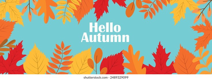 Hello autumn horizontal banner with colorful fall leaves on blue background. Seasonal design for autumn greetings and promotions. Template design for advertising, web, social media. Contemporary art. 