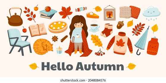 Hello autumn horizontal banner. Cozy fall postcard layout. Vector template with cute kawaii illustration. Pumpkin pie, arm chair, rainy cloud, sweater, umbrella, foliage, books. Stay at home concept.