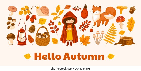 Hello autumn horizontal banner. Cozy fall forest and woodland postcard layout. Wicker basket, fern, tree stump, mushroom, fox, snail, berry and foliage. Vector template with cute kawaii illustration. 